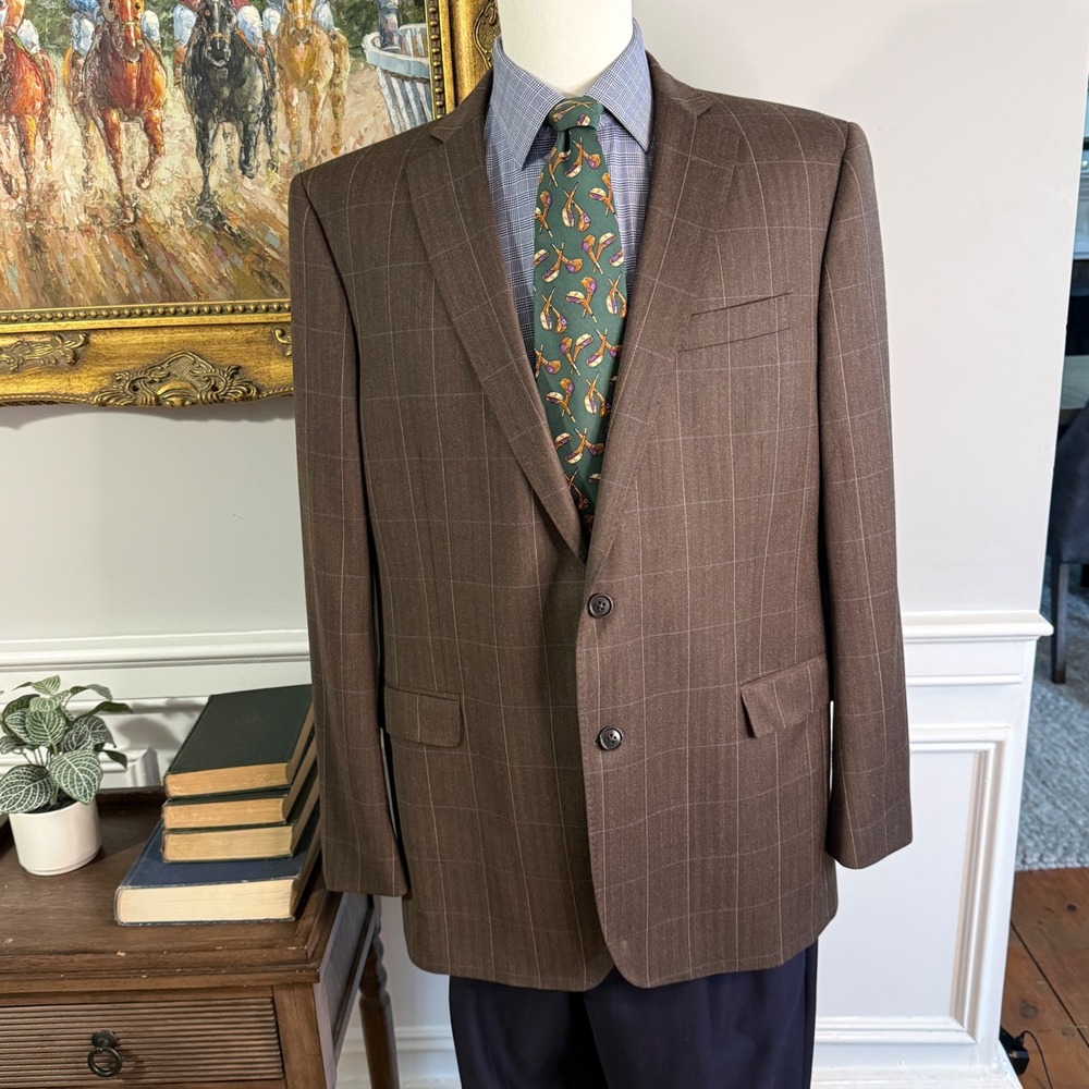 Brooks Brothers Blazer Mens‎ Brown Explorer Regent Fit Windowpane Wool | 44 LG